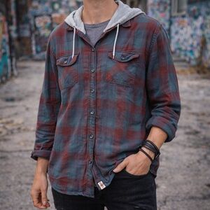 Body Glove Plaid Flannel Hoodie‎ Shirt XL Button Down Western Grunge Casual